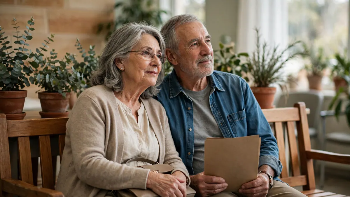A retired couple sit side by side on a timber bench in a clinic waiting room, he holds a folder