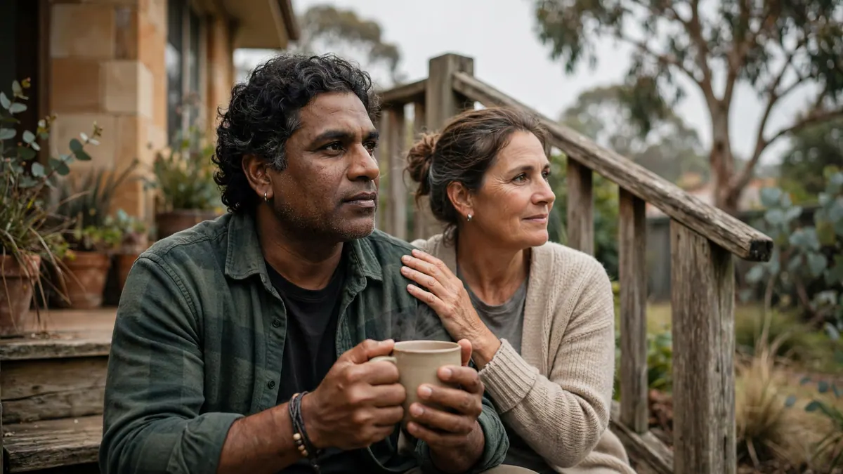 A man holds a mug of tea on his back step while a friend rests a comforting hand on his shoulder