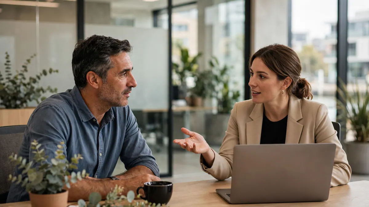 A man in a denim shirt talks with a payroll officer behind a laptop in a bright office