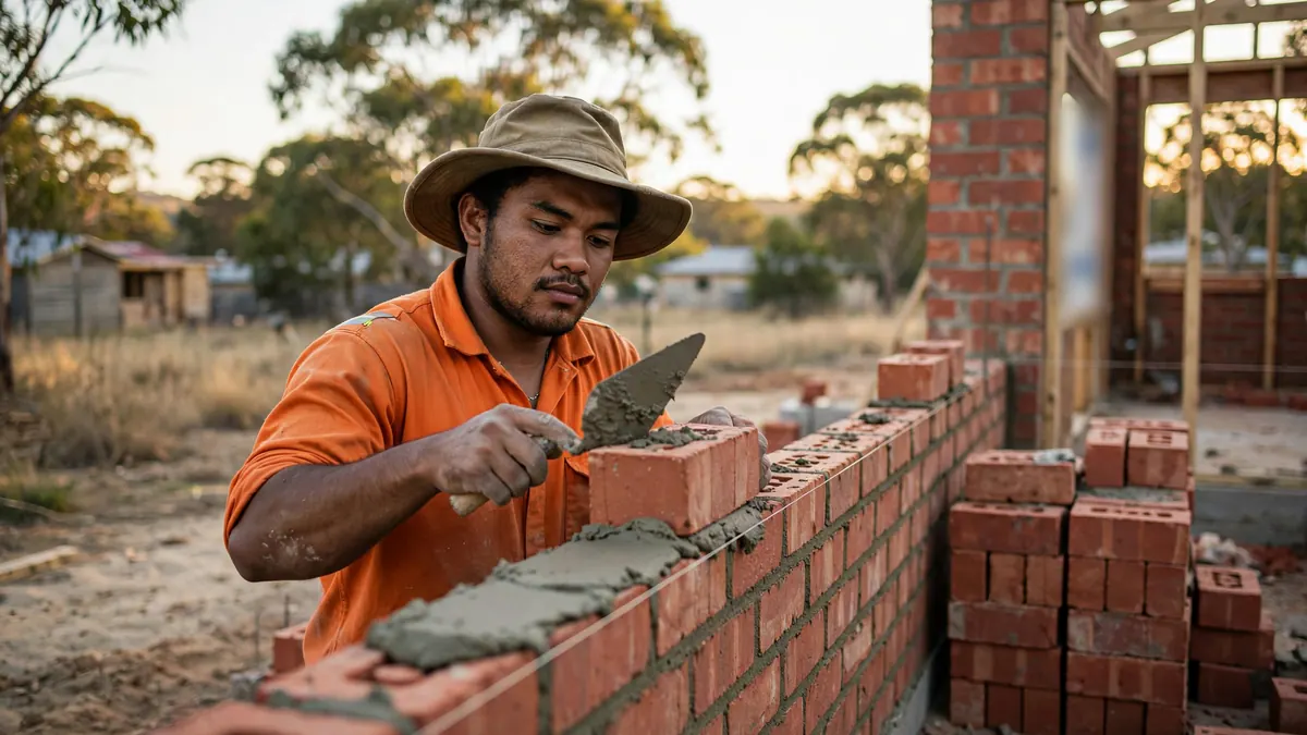 A bricklayer in an orange work shirt and bush hat lays a brick on fresh mortar at a house site