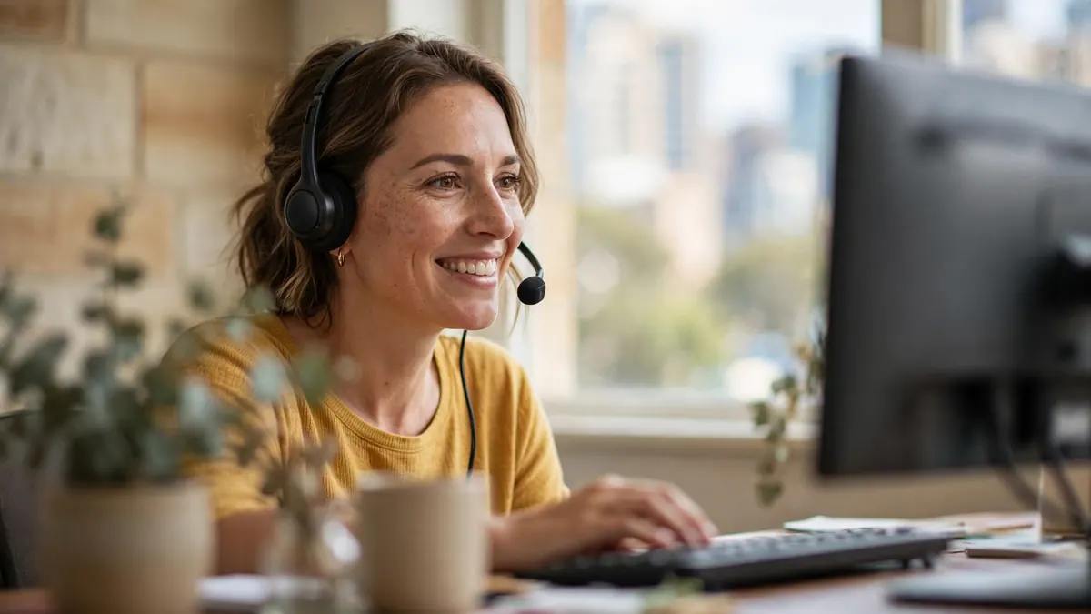 A smiling support worker in a mustard top and headset types a reply at her desk by a city window