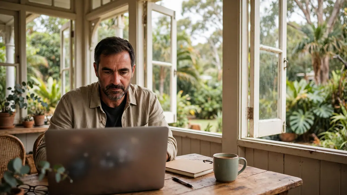 A bearded man works on a laptop at a timber table on the veranda of an old Queenslander house