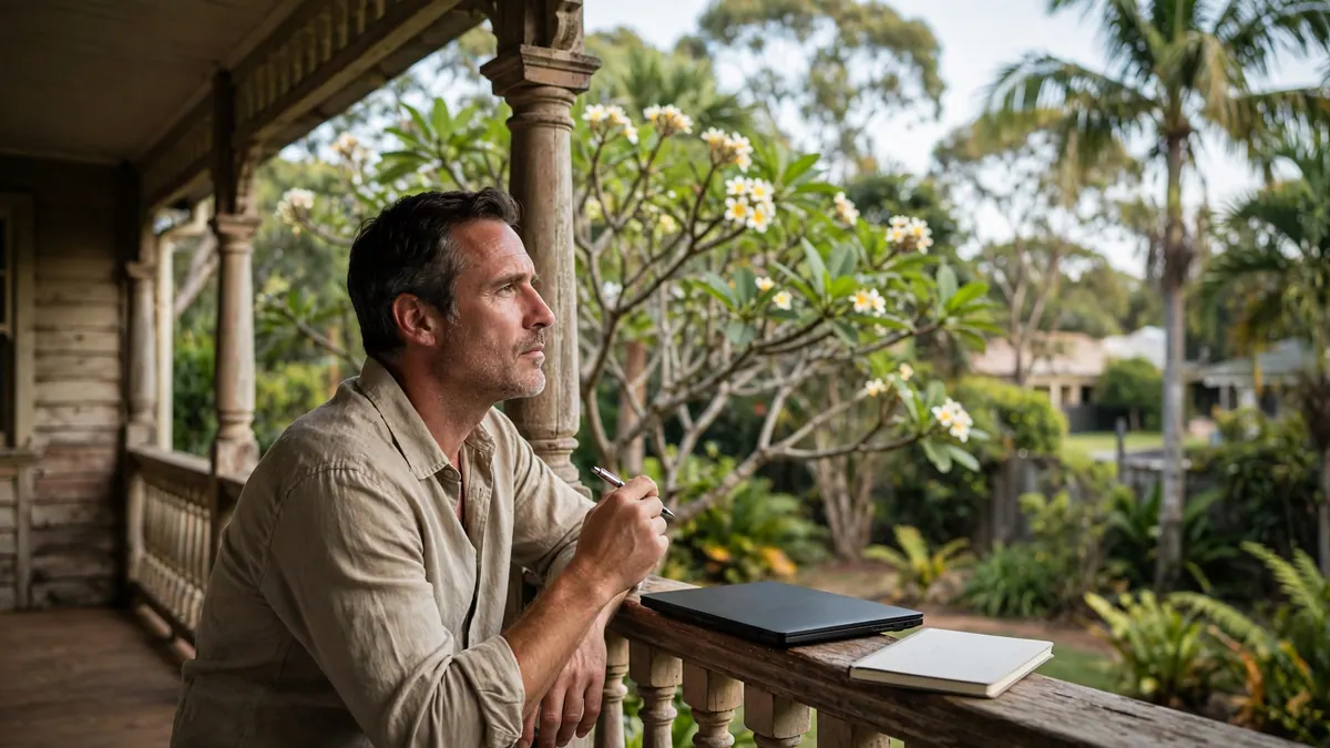 A man with a pen gazes into a tropical garden from a Queenslander veranda, a closed laptop beside him