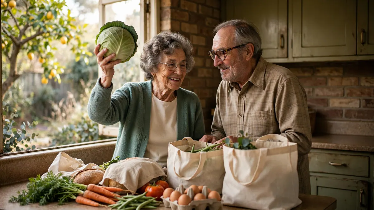 An older couple laugh as they unpack vegetables, bread and eggs from cloth bags in their kitchen