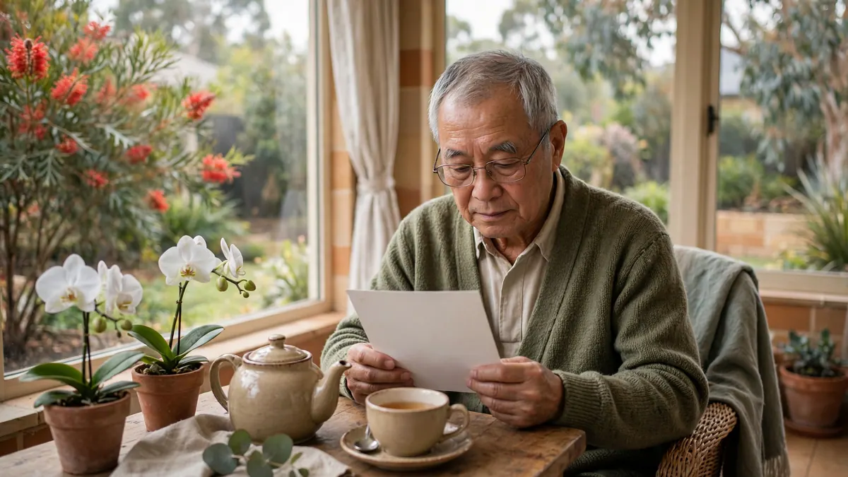 A retired man in a green cardigan reads a letter over a pot of tea in a sunroom with orchids and a garden view