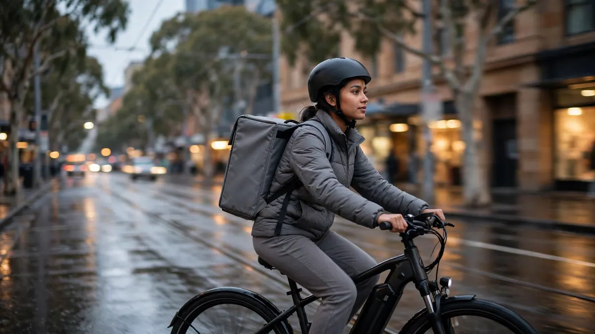A delivery rider with a grey insulated backpack rides an e-bike along a wet city street at dusk