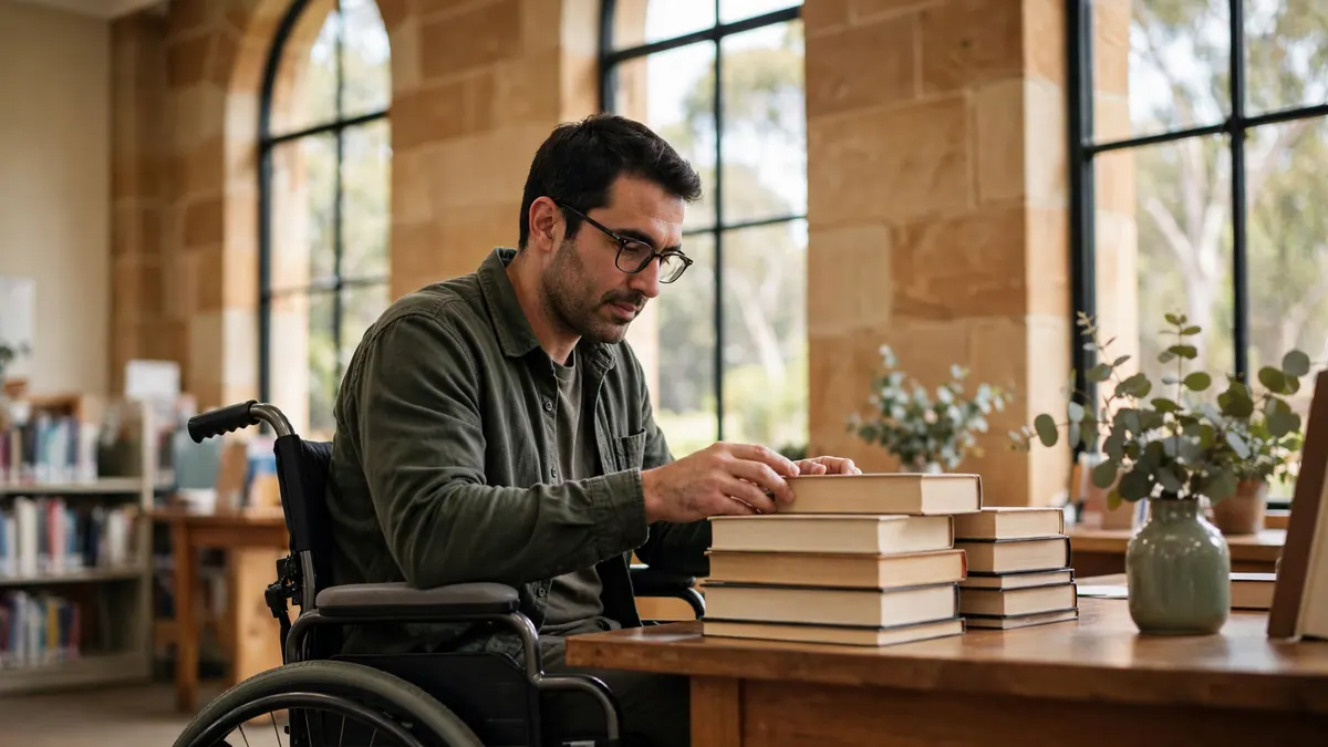 A man in a wheelchair sorts stacks of books at a timber desk in a sandstone library