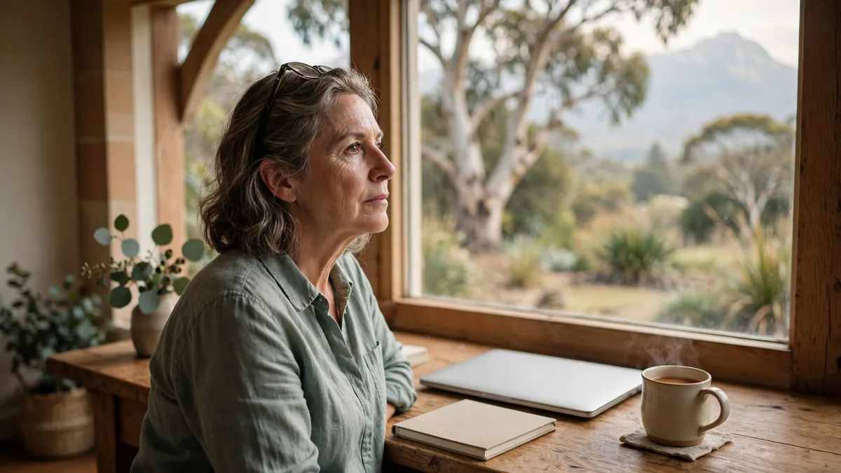 A woman with glasses on her head looks out a window at a gum tree and mountain, tea and a closed laptop beside her