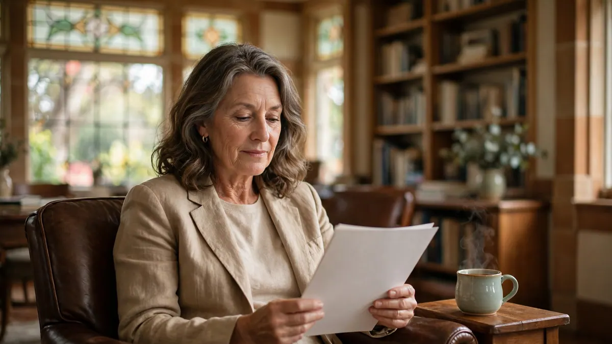 A woman in a linen blazer reads a document in a leather armchair, a cup of tea beside her