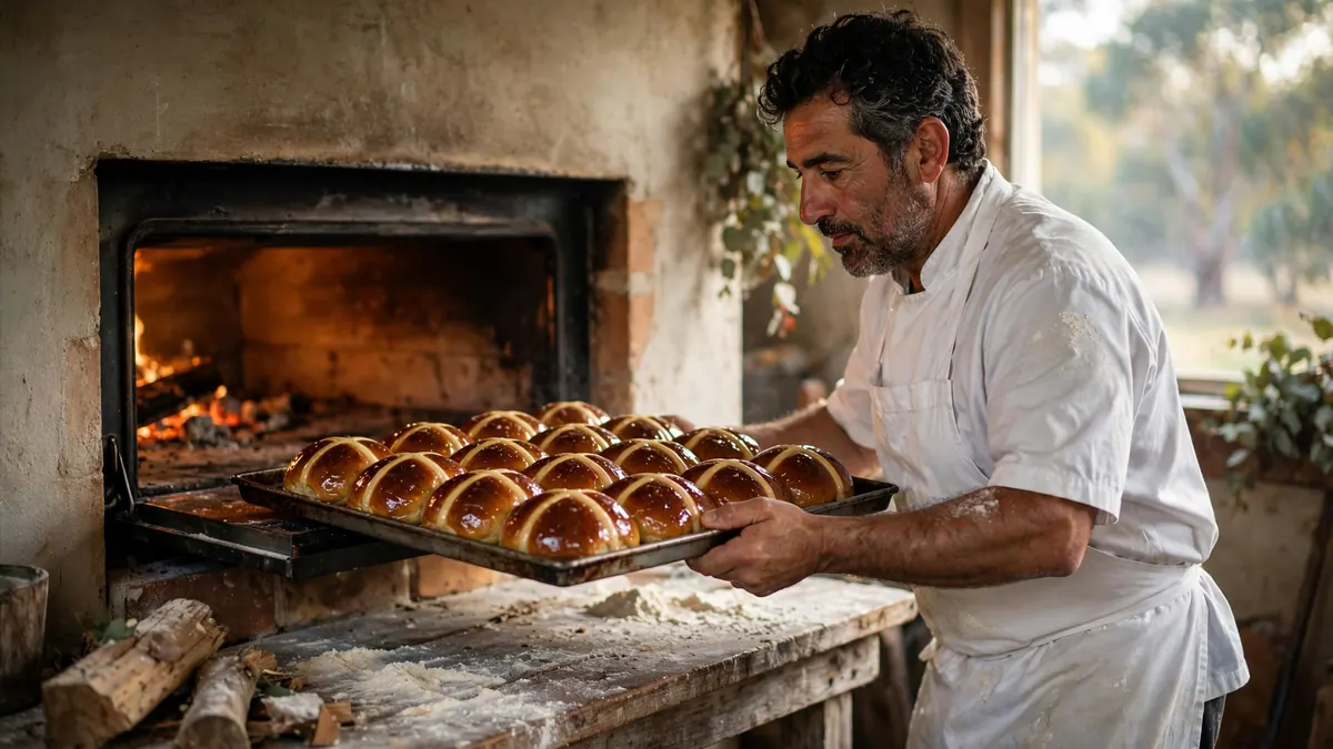 A baker in a floury white apron lifts a tray of glazed hot cross buns from a wood-fired oven