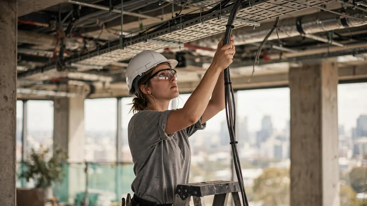 An electrical worker in a hard hat pulls cable through overhead trays on a high-rise office fit-out