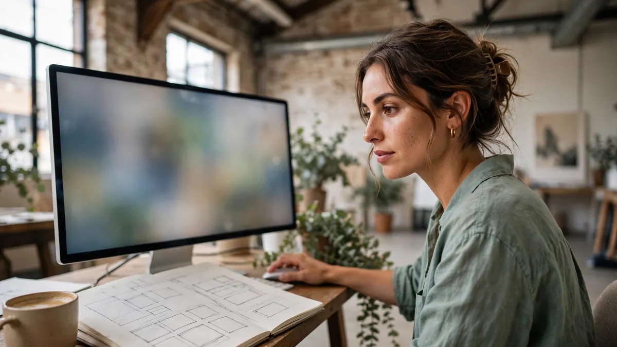 A woman works on a website at a large monitor beside a sketchbook of layout wireframes and a coffee