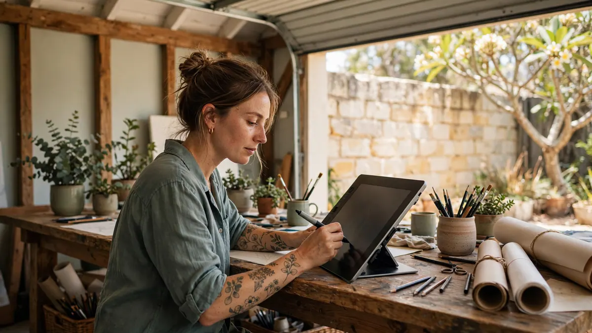 A freelance designer with tattooed arms draws on a tablet at a timber desk in a converted garage studio