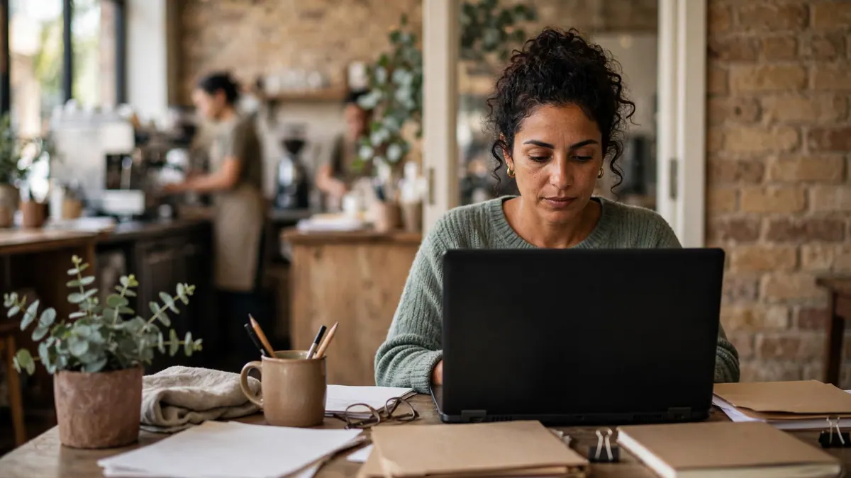 A café owner works on a laptop among folders and papers while staff make coffee behind her