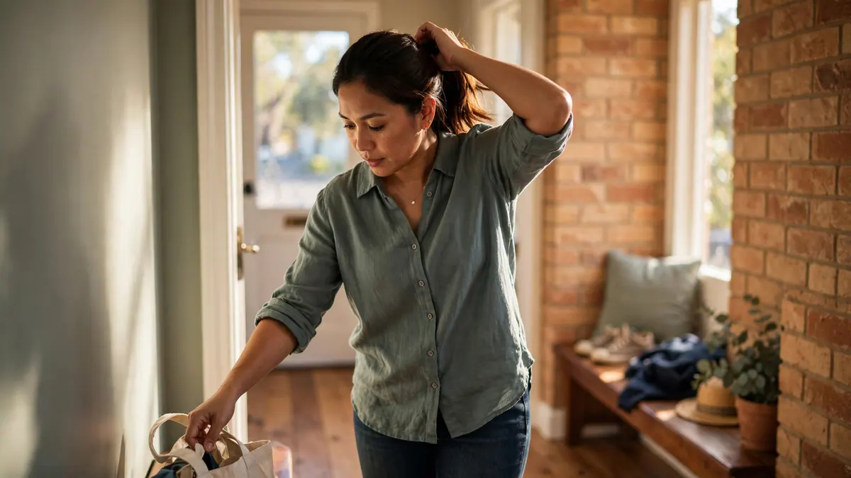 A woman ties back her hair and grabs a tote bag in the sunny hallway of a brick home before a shift