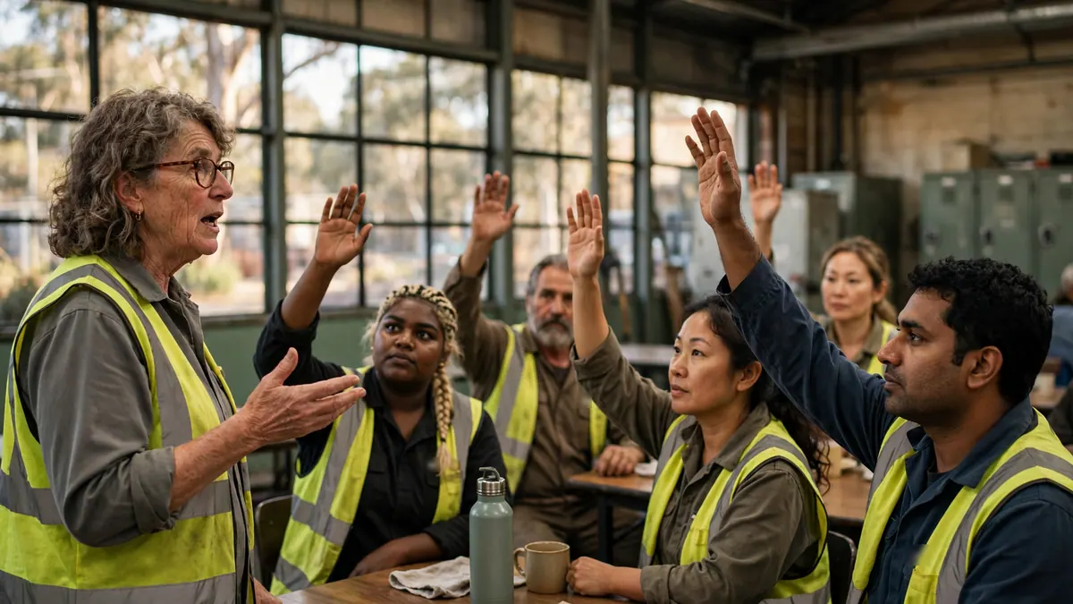 Factory workers in hi-vis vests raise their hands to vote as a workplace delegate speaks in a lunchroom