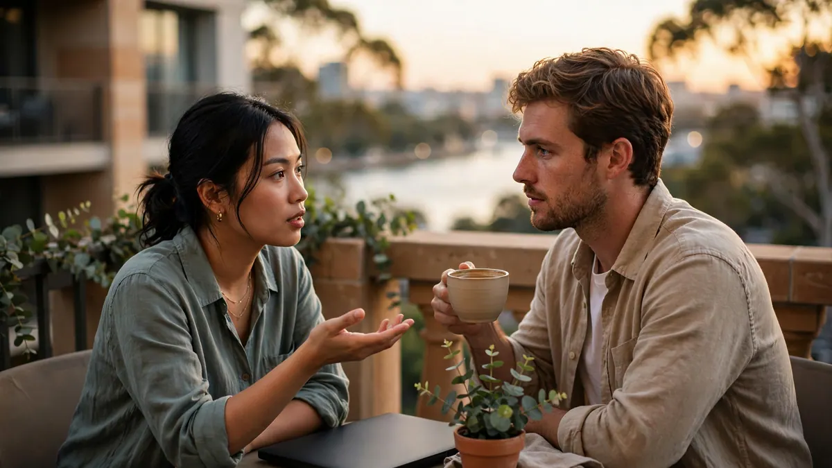 A young couple talk through a decision over coffee on an apartment balcony at sunset