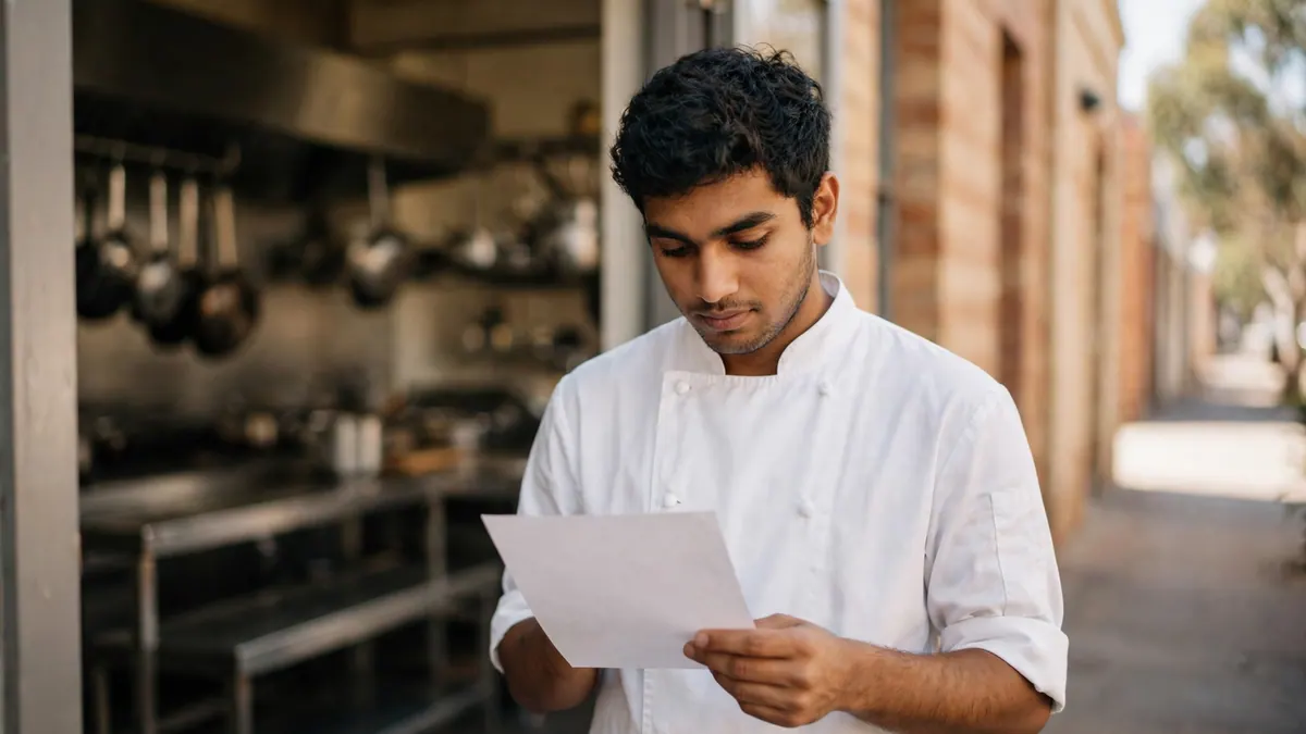 A young chef in kitchen whites reads his payslip at the back door of a restaurant kitchen