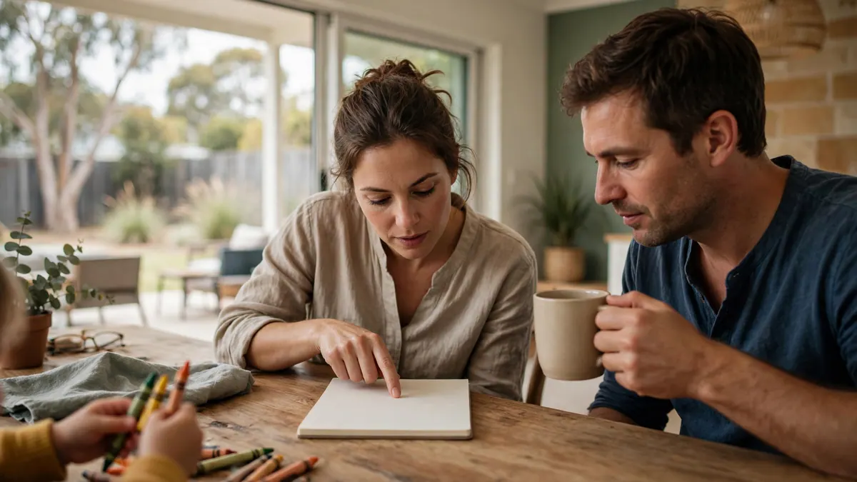 Parents plan their budget at a dining table while a child's hands draw with crayons in the foreground