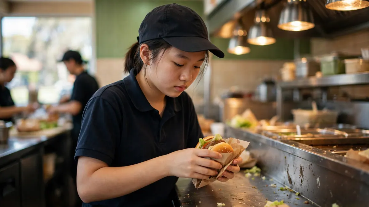 A teenage worker in a black cap wraps a burger at a stainless steel bench in a fast food kitchen