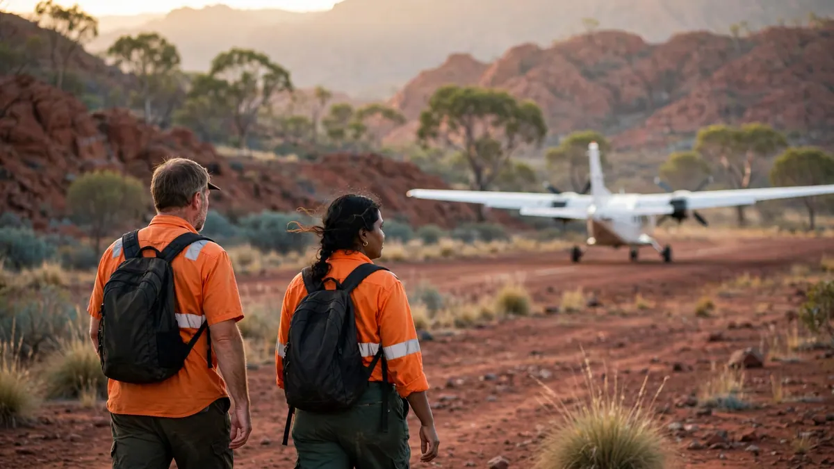 Two workers in orange hi-vis with backpacks walk across a red-dirt airstrip toward a small white plane