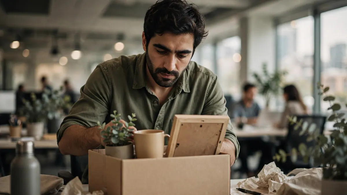 A man packs a plant, a mug and a photo frame into a cardboard box at his office desk