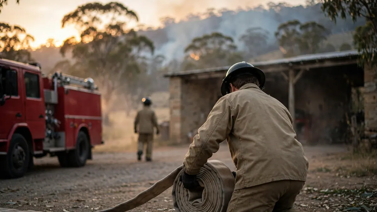 A firefighter in tan gear rolls up a hose beside a red fire truck as smoke drifts over bushland
