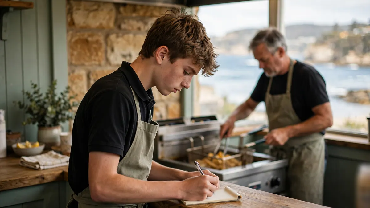 A teenage boy in a black polo and apron writes an order at a fish and chip shop counter by the sea