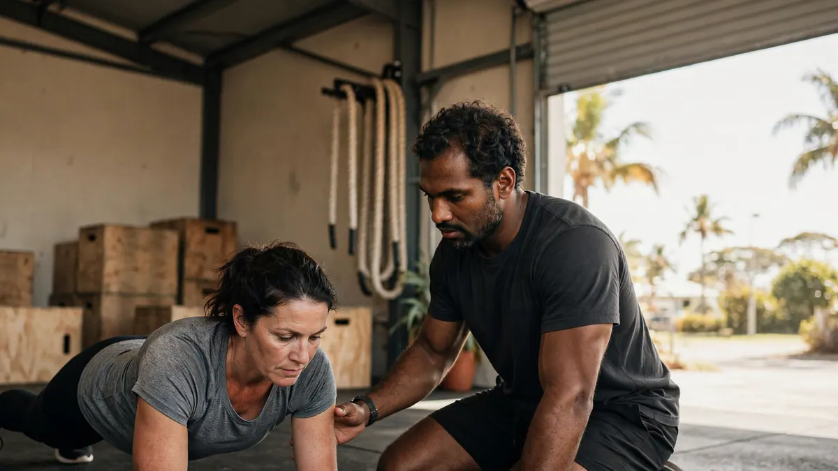 A personal trainer kneels beside a woman holding a plank and adjusts her arm in a warehouse gym