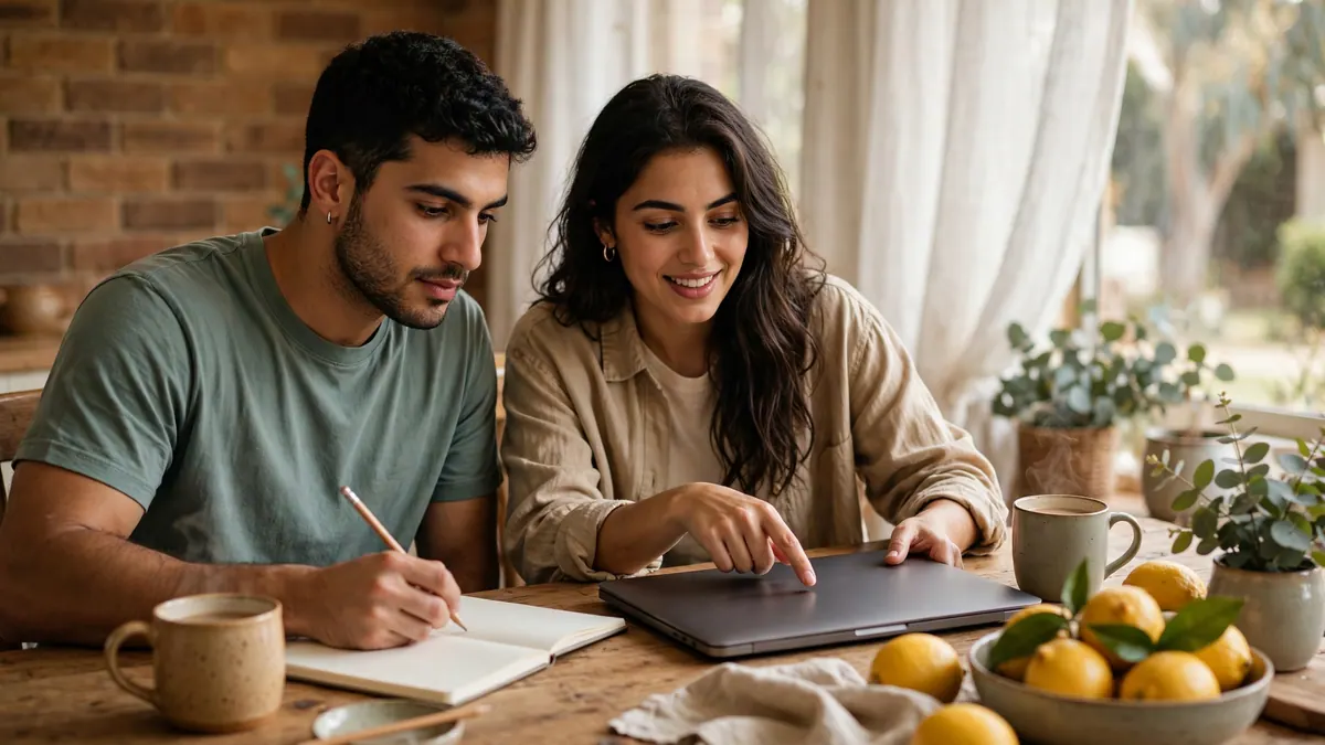 A young couple plan their budget at a timber dining table with a notebook, laptop and a bowl of lemons