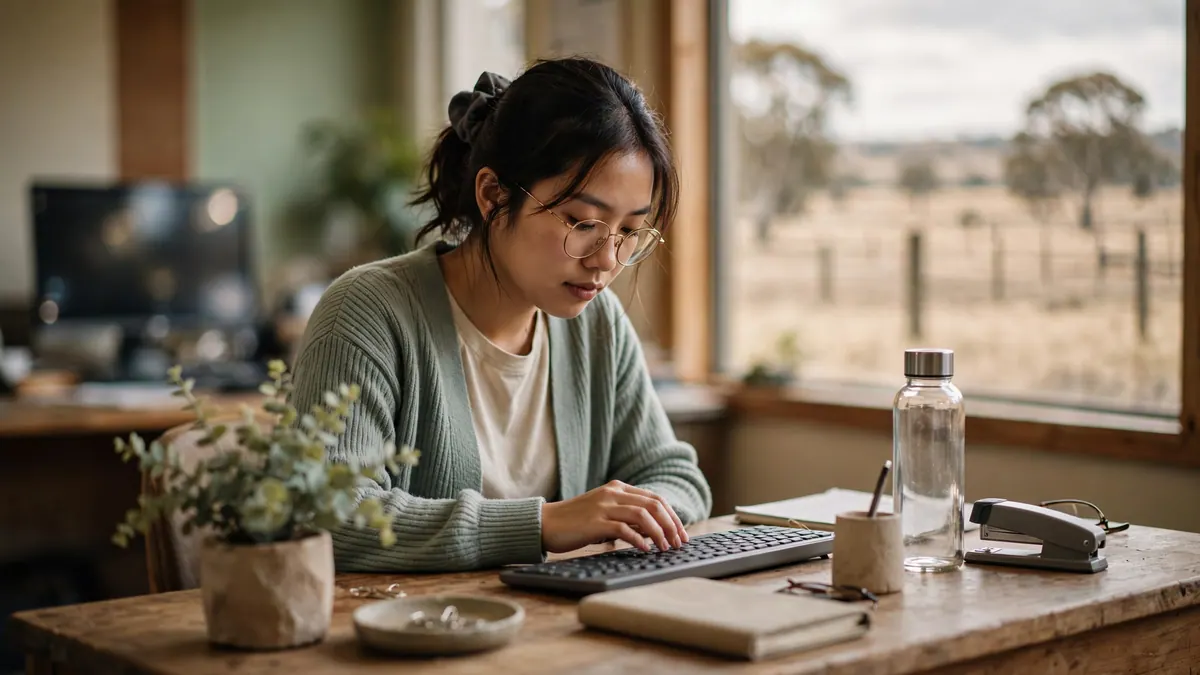 A payroll clerk in glasses types at a timber desk by a window looking out over dry paddocks
