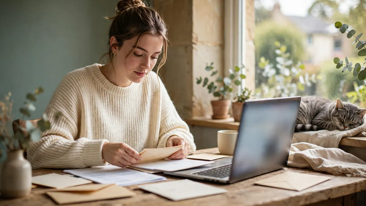A young woman in a cream jumper sorts bills beside her laptop while a cat sleeps on the windowsill