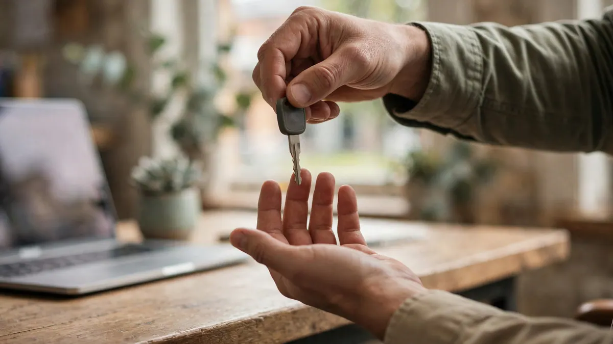 One hand passes a car key into another's open palm across an office desk