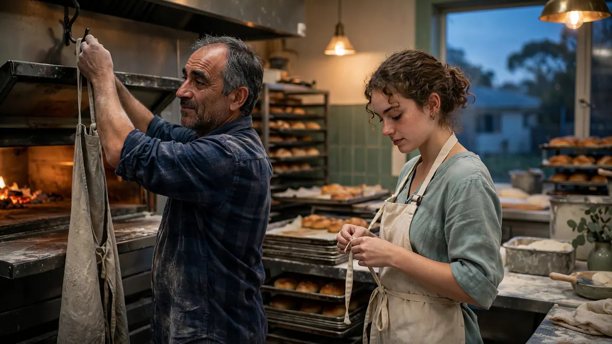 At a pre-dawn bakery shift change, an older baker hangs up his apron as a young baker ties hers on