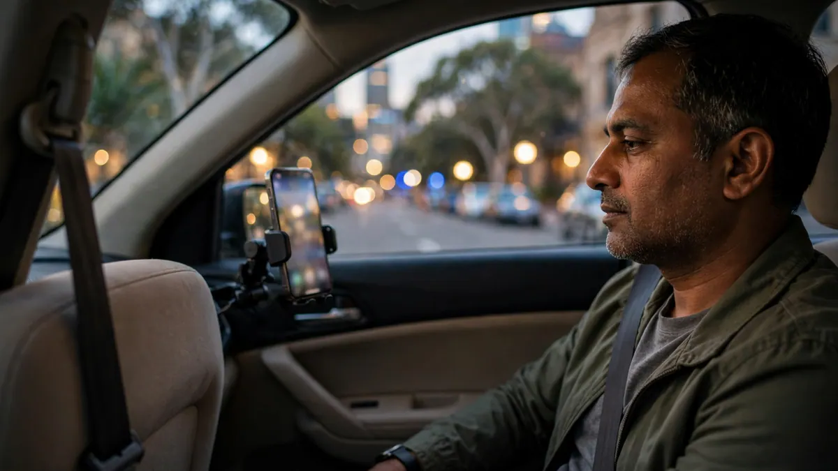A rideshare driver sits in his car at dusk with a phone in a mount, city lights outside