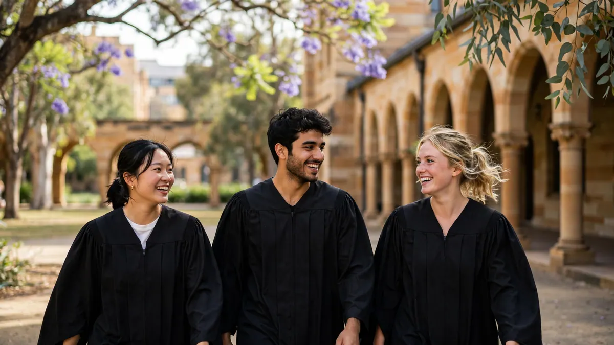 Three laughing graduates in black gowns walk through a sandstone quadrangle under jacaranda blossom