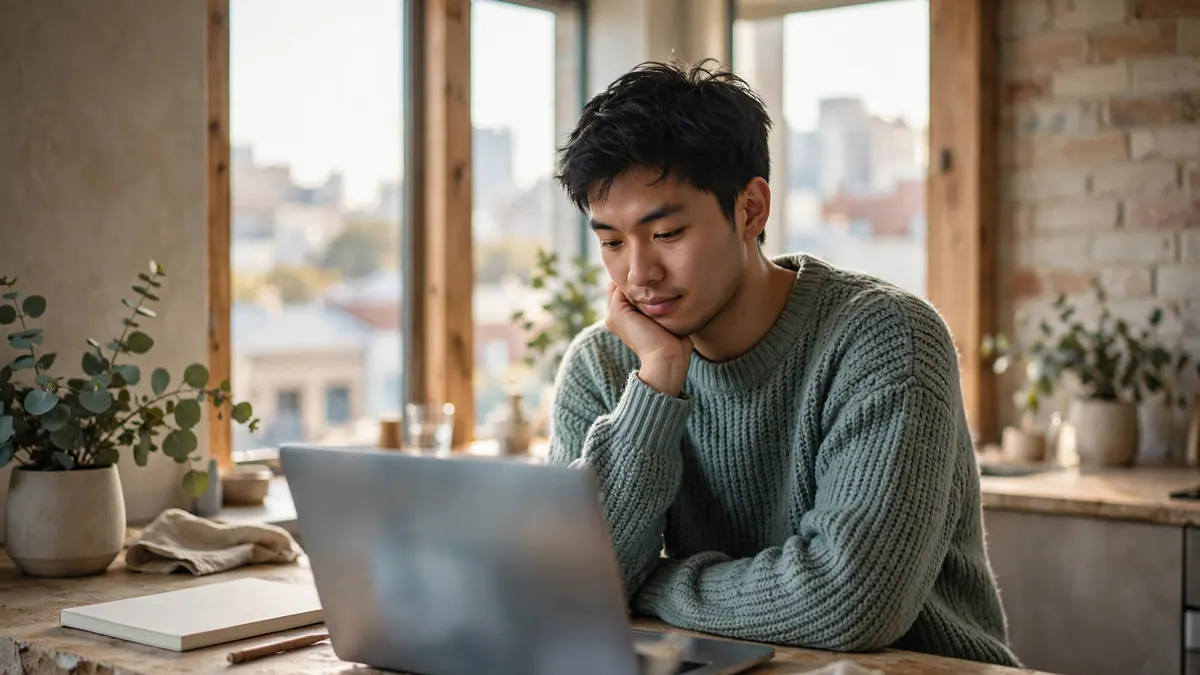 A young man in a green jumper rests his chin on his hand while working on a laptop at a kitchen bench