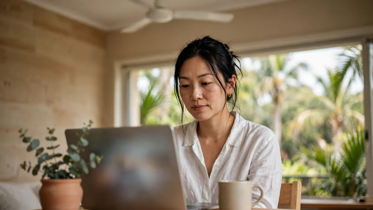 A woman in a white linen shirt works on a laptop by a window with palm trees and a ceiling fan