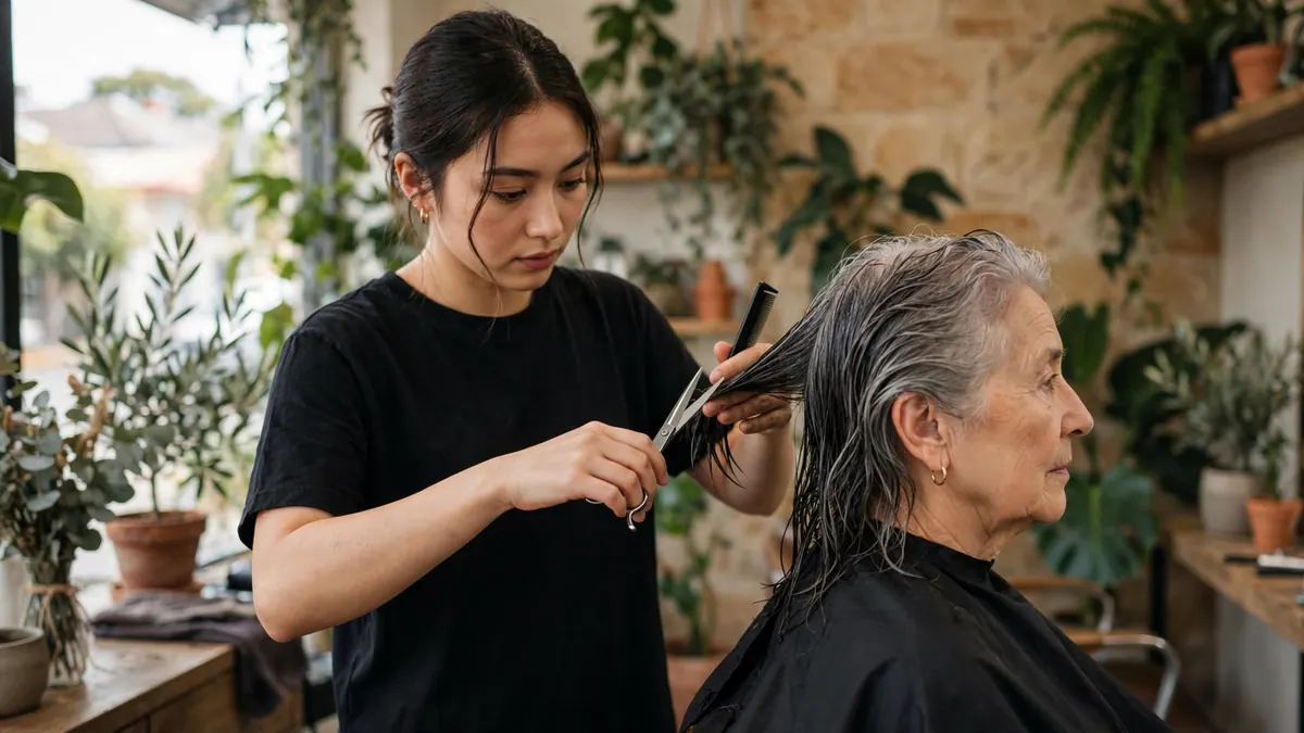 A young hairdresser trims an older woman's wet grey hair in a salon full of plants