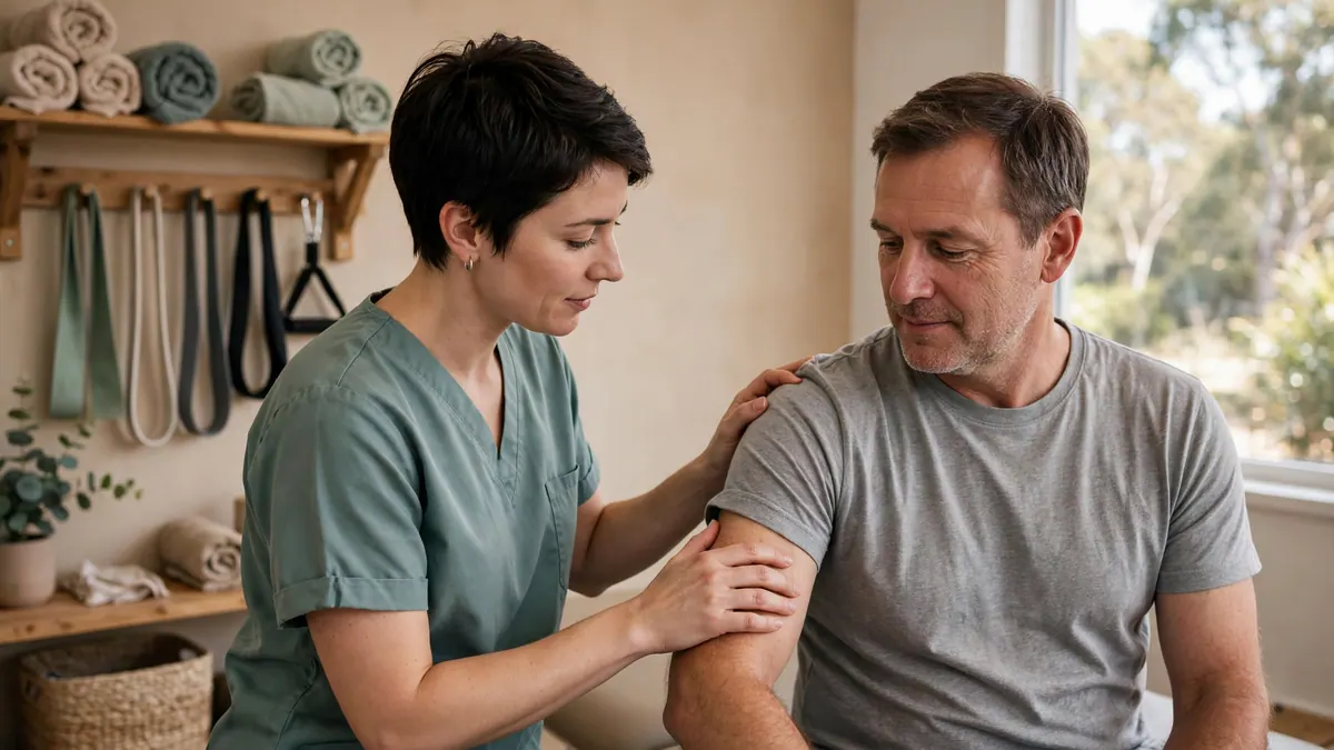 A physiotherapist in green scrubs assesses a man's shoulder in a bright clinic room