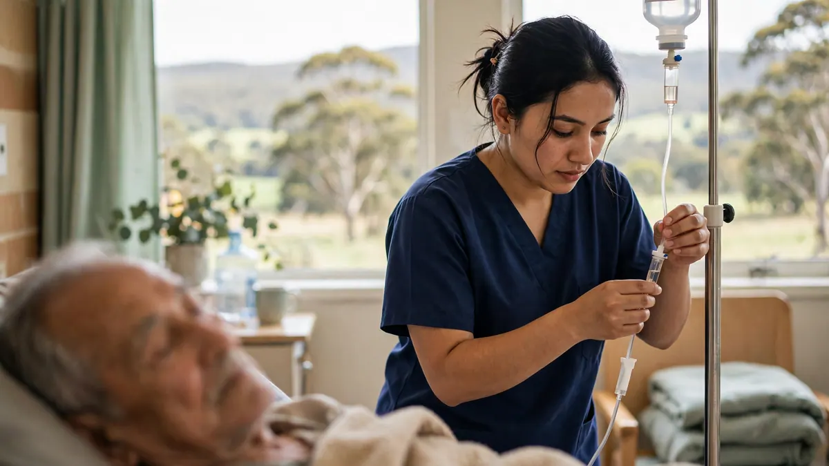 A nurse in navy scrubs adjusts an IV line beside a resting patient in a hospital room with a hill view