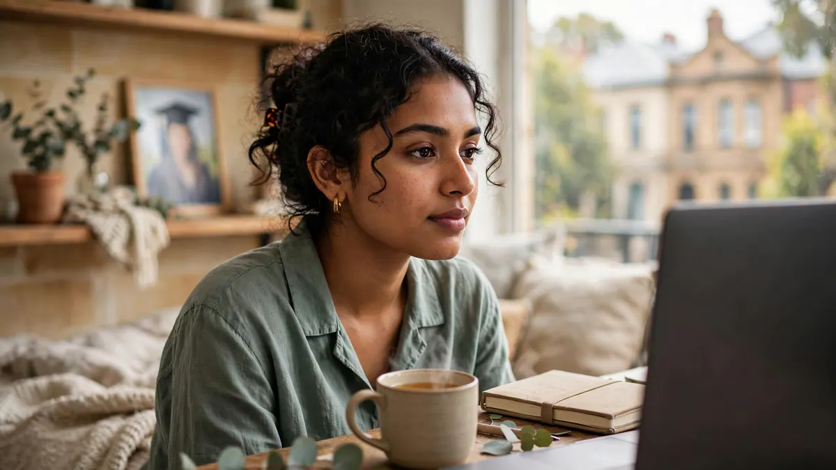 A young woman with a mug of tea looks at her laptop in a sunny share-house room with a graduation photo behind her