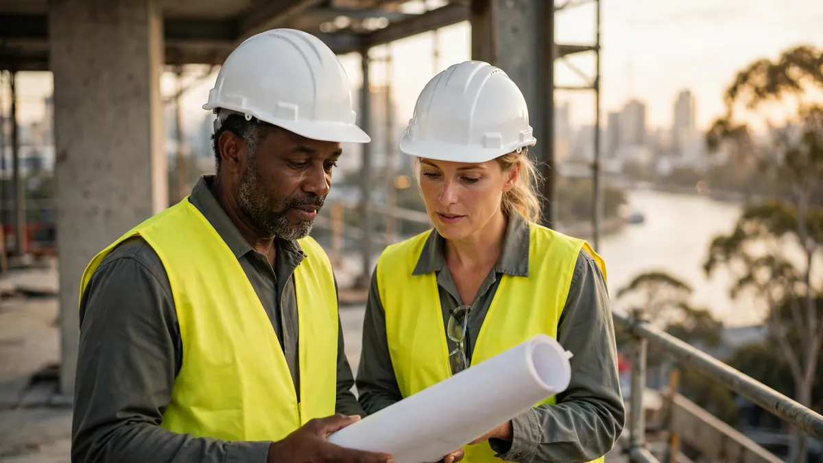 Two engineers in white hard hats and hi-vis vests check rolled plans above a river and city skyline
