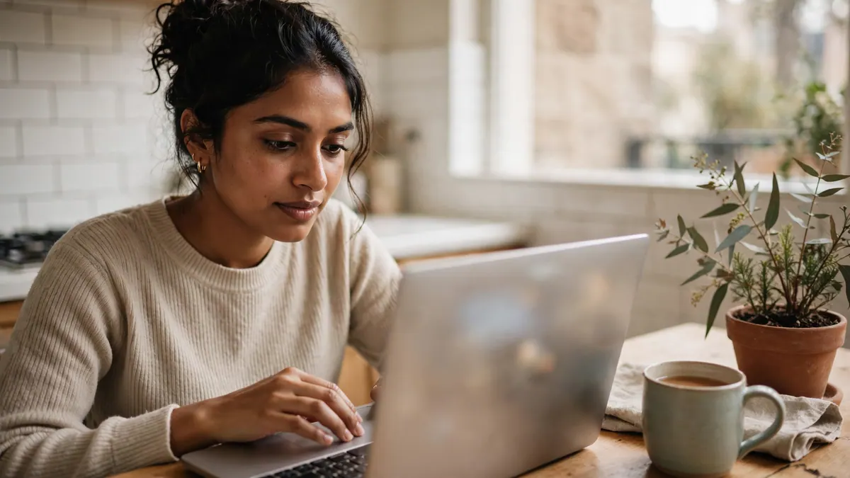A woman in a cream jumper works on a laptop at a timber kitchen table beside a mug and a potted eucalyptus