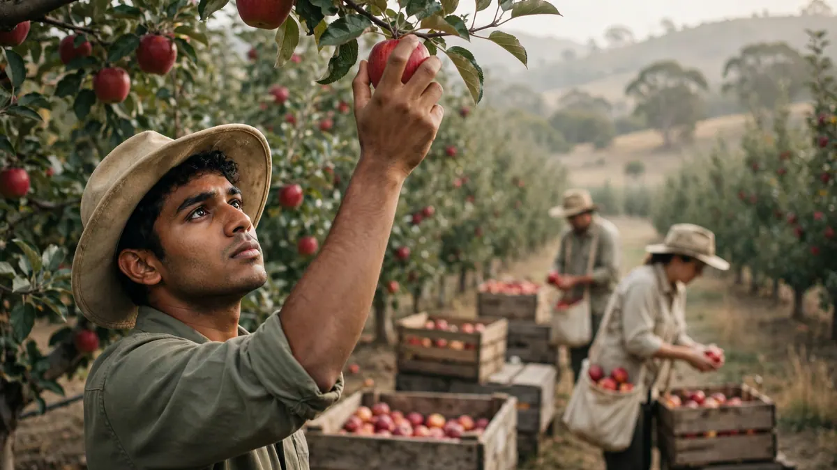 A young picker in a bush hat reaches for a red apple in an orchard, with fruit crates behind