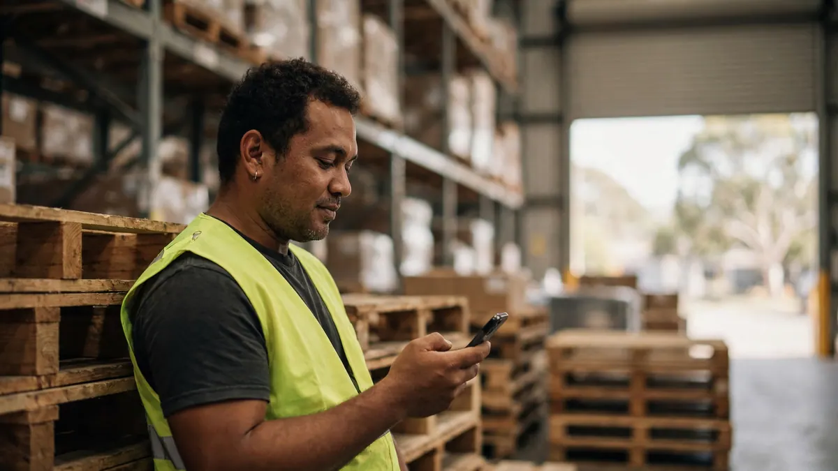 A warehouse worker in a hi-vis vest leans on stacked pallets and checks his phone during a break