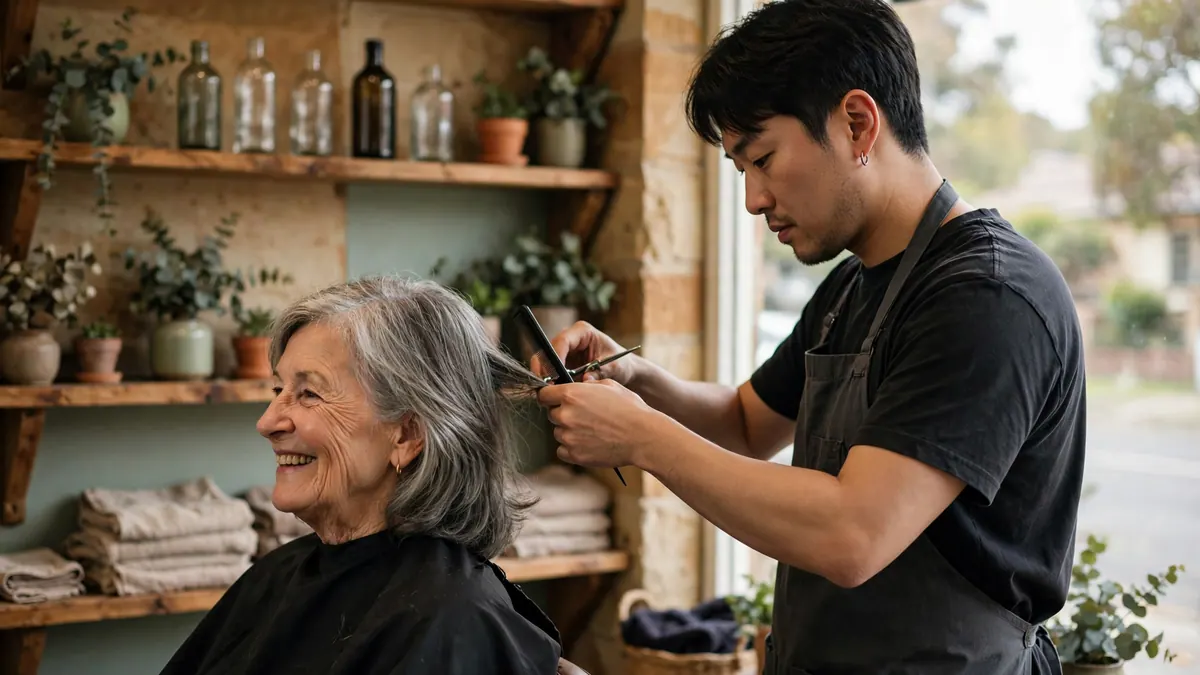 A hairdresser trims a smiling older woman's grey hair in a small salon with timber shelves