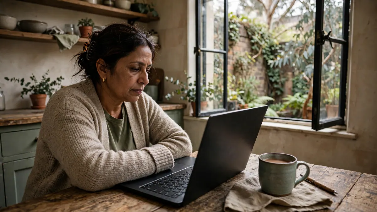 A woman works on a laptop at a timber kitchen table beside a mug of tea and an open garden window