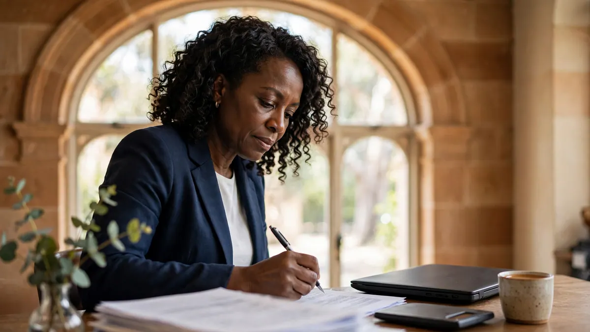 An accountant in a navy blazer marks up paperwork at a desk by an arched window in a sandstone office