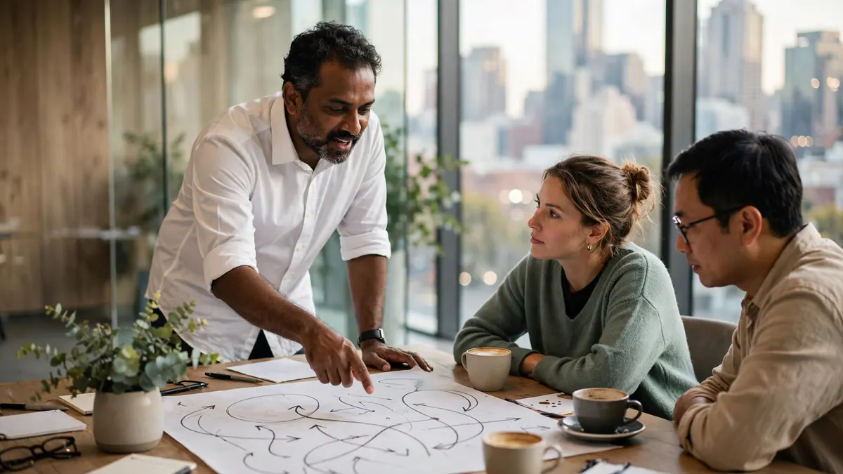 An analyst points at a hand-drawn diagram on a large sheet as two colleagues listen over coffee
